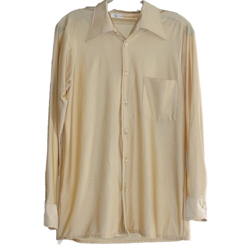 Vintage 1970s Disco Shirt, Qiana Nylon, Dagger Collar, Square Buttons - Van Q -L